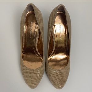 BCBG Parade Cashew/Sandalwood Snake Leather High Heels.